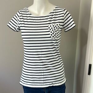 Boden Womens White Blue Polka Dot Striped Top Short Sleeve Tee Sz 2